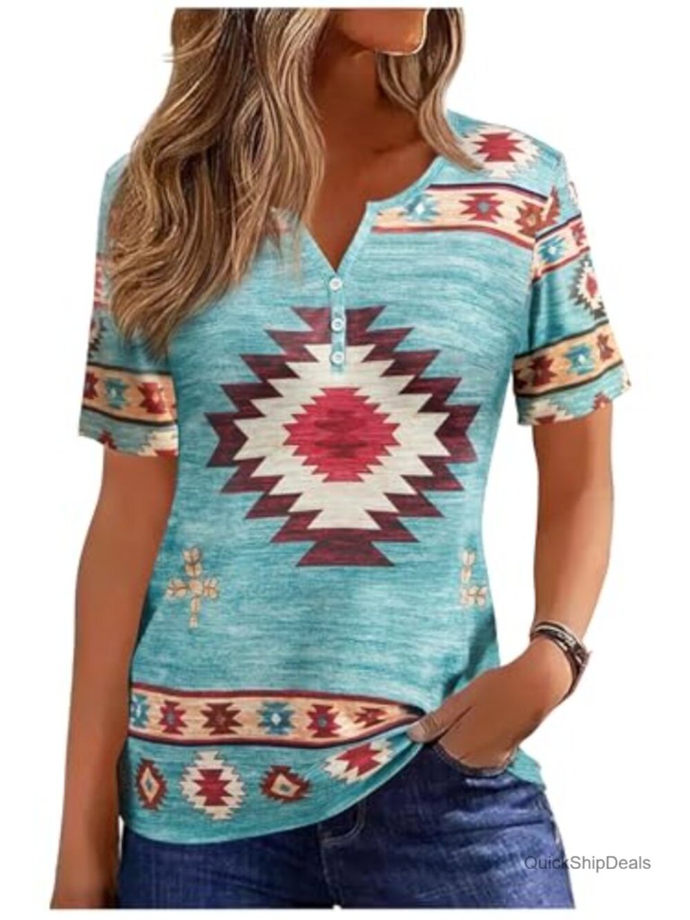 Western Aztec Henley Short Sleeve V-Neck Button Up Top